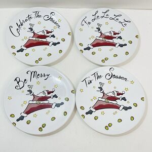 Vtg GANZ Bella Casa Dancing Christmas Santa W/Martini Plates Lot Of 4 Phrases